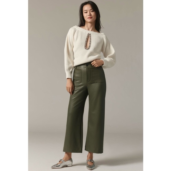 New Anthropologie The Colette Cropped Wide Leg Pants Maeve Faux Leather 29 Green - Picture 3 of 10